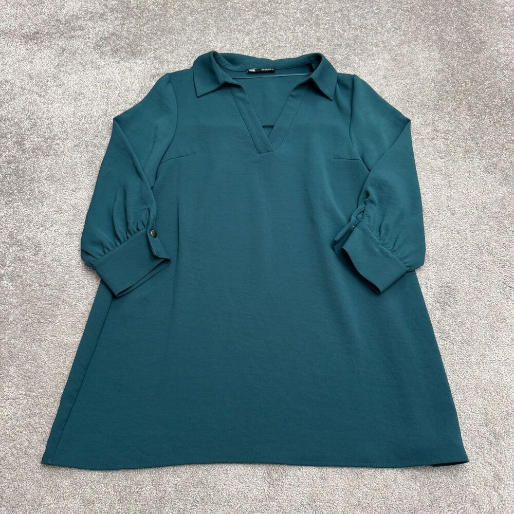 Zara Collared V-Neck Midi Shift Dress Womens Large Teal Green 3/4 Sleeve Classic